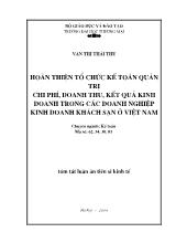 Tóm tắt luận án Hoàn thiện tổ chức kế toán quản trị chi phí, doanh thu, kết quả kinh doanh trong các doanh nghiệp kinh doanh khách sạn ở Việt Nam
