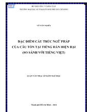 Luận văn Đặc điểm cấu trúc ngữ pháp của câu tồn tại tiếng hán hiện đại (so sánh với tiếng Việt)